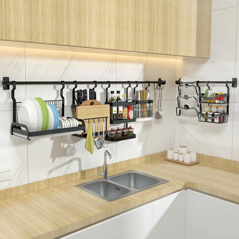 

Black kitchen dish storage rack Knife rack Wall pendant set Drain bowl rack Hanger Punch free bowl storage rack