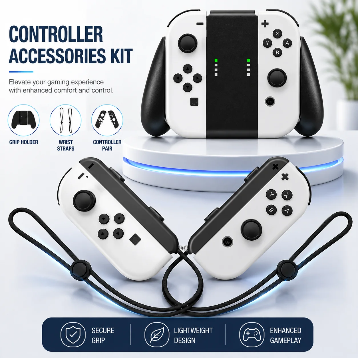 Gaming Accessories Nintendo - ゲームコントローラーアクセサリーキット（グリップホルダーとリストストラップ付き）、人間工学に基づいたゲームパッドグリップハンドル交換用アクセサリー（ハンドヘルド用）