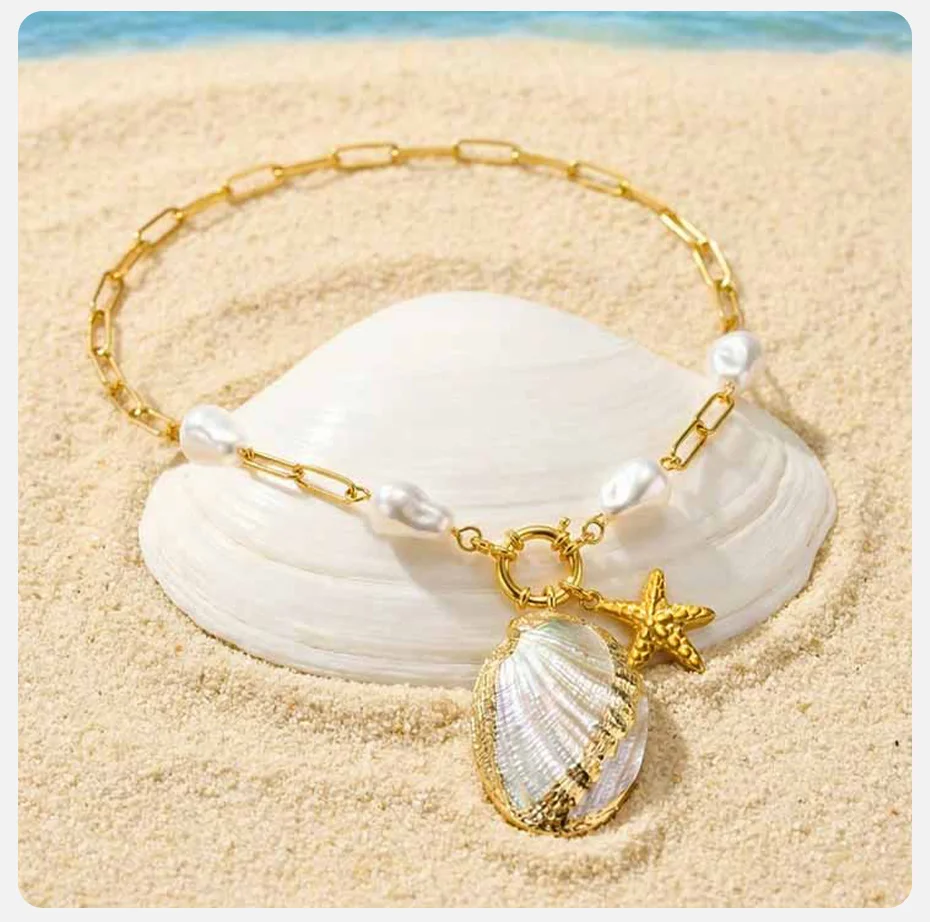 Vnox Ozean-Themen Vergoldete Imitationsperlen Abalone Seestern Anhänger Halskette für Damen, Vintage Urlaubsschmuck – Detail 6