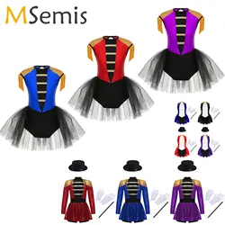 Kids Girls Circus Ringmaster Magician Costume Long Sleeve Sequin Leotard Tutu Dress Halloween Lion Tamer Theme Party Cosplay Set