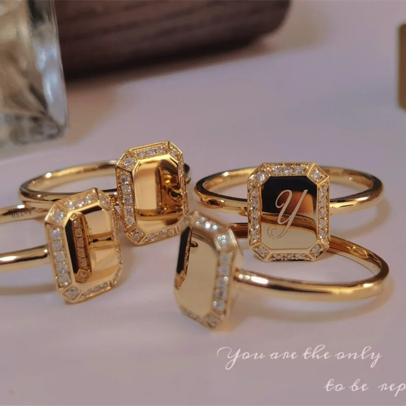 

Designer Letter Diamond Ring 18K Yellow Gold Jewelry(AU750) Square Brand Birthday Gift Can Beengraved Fine Jewelry Customize