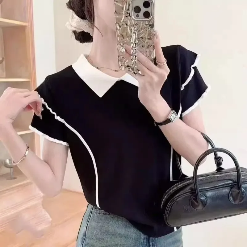 Women's Contrast Trim Peter Pan Collar Short Sleeve Knit Top Summer Ice Silk Slim Fit Casual Fashion T-Shirt