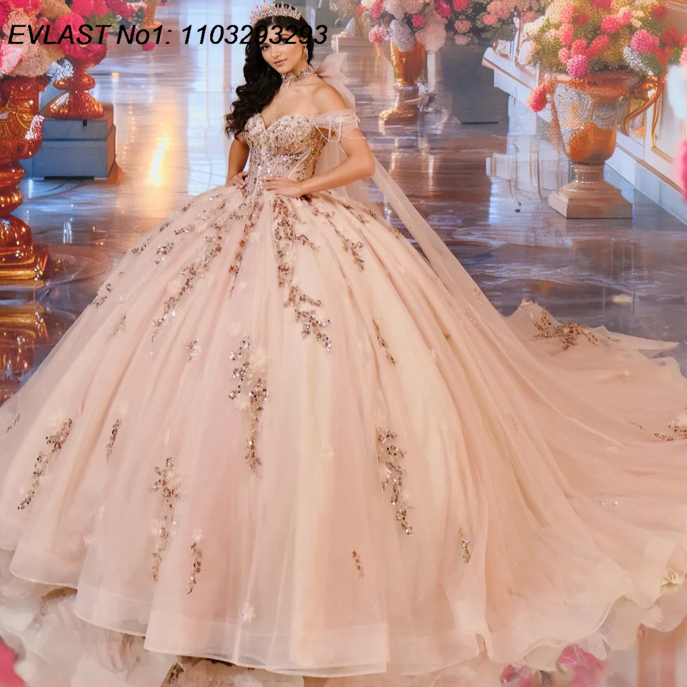 EVLAST personalizado brillante Rosa vestido De baile vestido para quinceañeras apliques De lentejuelas capa con cuentas dulce 16 Vestidos De 15 Anos E1QN271