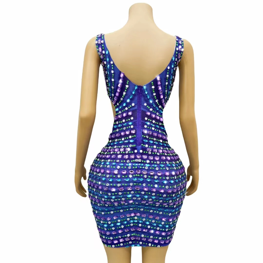 Summer Women Hollow Out Shinning Diamonds Bodycon Mini Dress Sexy Backless Nightclub Stage Wear Performance Costume Binfen