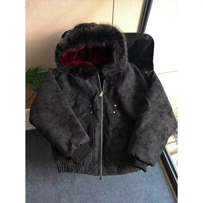 Red Faux Fur Lining PU Leather Winter Coat Man Woman Winter Warm Thicken Fleece Hooded Jacket Padded Coats