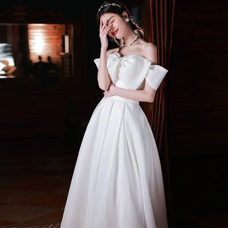 قبالة الكتف عرق فساتين زفاف طويلة النساء القوس الكبير الأميرة صور تبادل لاطلاق النار فساتين الزفاف حفلة موسيقية فستان الأداء ثوب