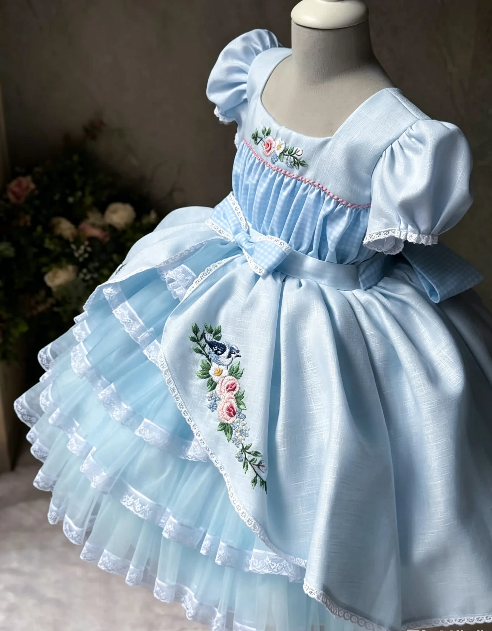 Baby Girl Blue Lolita Princess Dress Floral Bird Handmade Embroidery for Birthday Party Wedding Photography B682