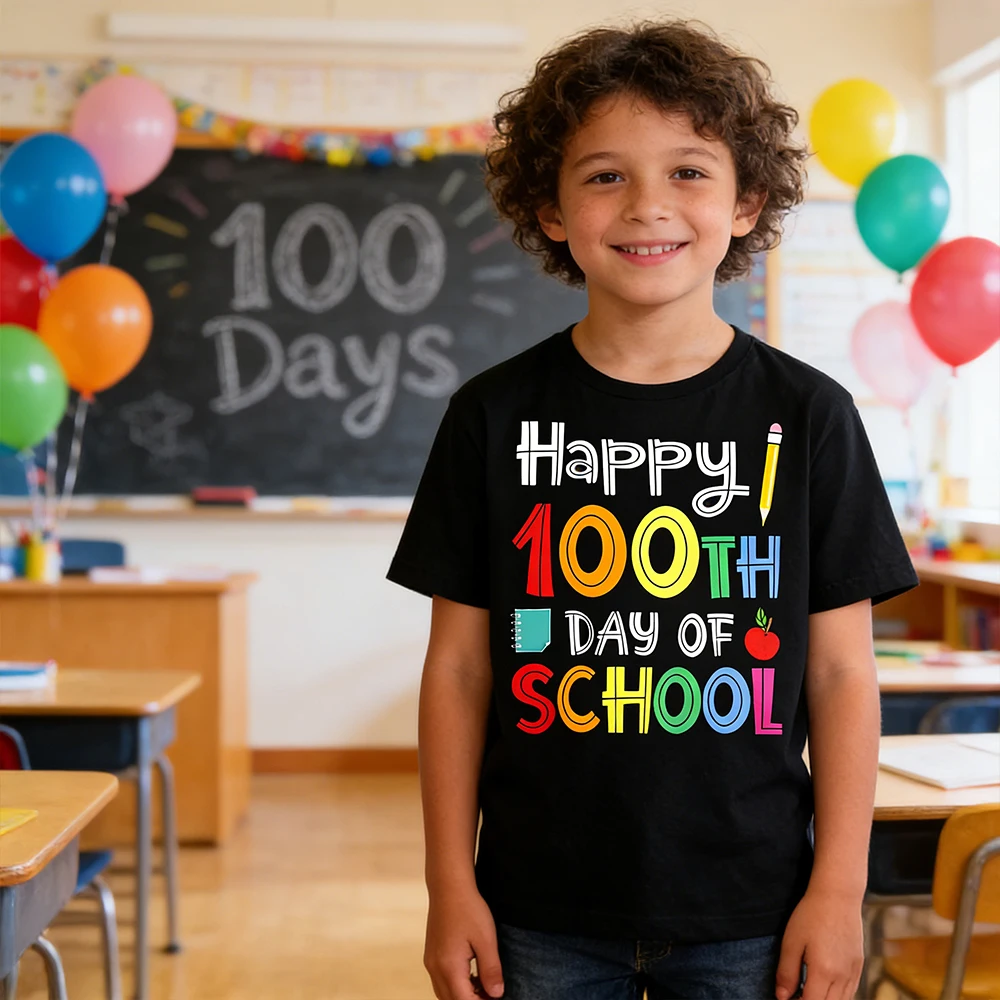 

Children 100 Days Of School Shirt Short Sleeve Letter Print Tee Shirt Perform Clothing Kids Happy 100th Days Of School Gifts Top
