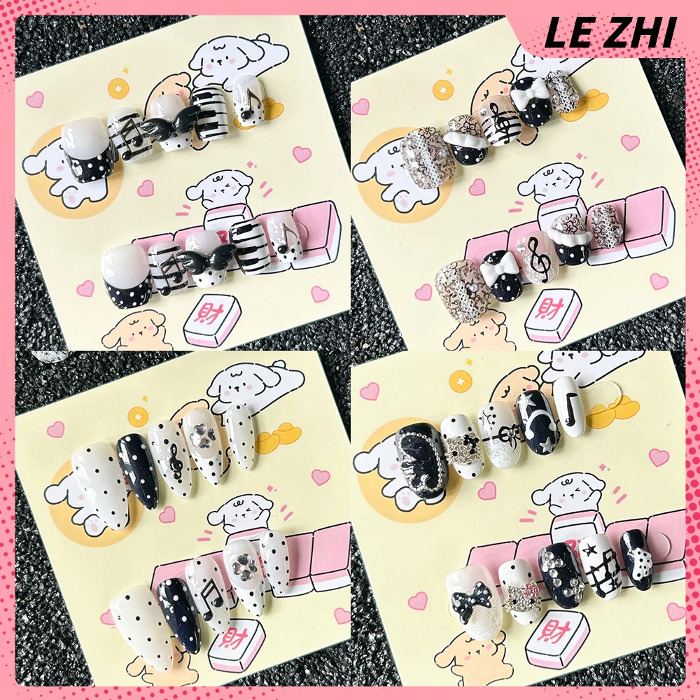 

10Pcs Sweet Bowknot Polka Point Note Hellokitty Handmade Nails Black White Wings Piano French Lacework Press On Nails Gifts
