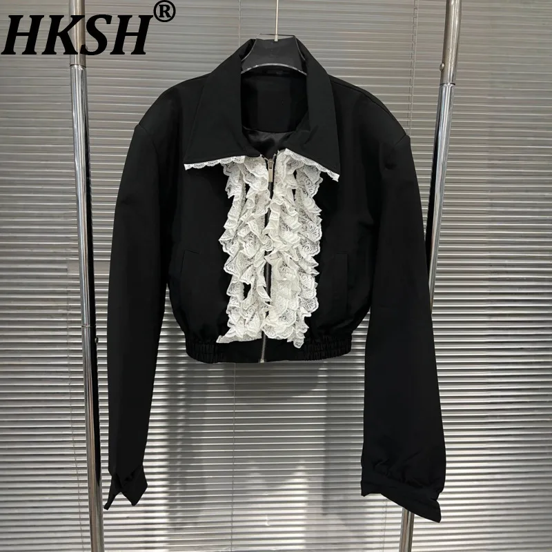 

HKSH осенняя новая женская короткая куртка с отложным воротником на молнии в стиле пэчворк, кружево контрастного цвета, элегантное модное уличное пальто HK10565