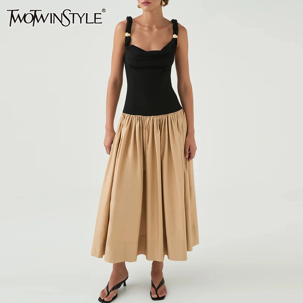 

TWOTWINSTYLE Hit Color Slimming Elegant Dresses for Women Swinging Neck Sleeveless Patchwork Folds Dress Female Fashion Clothing