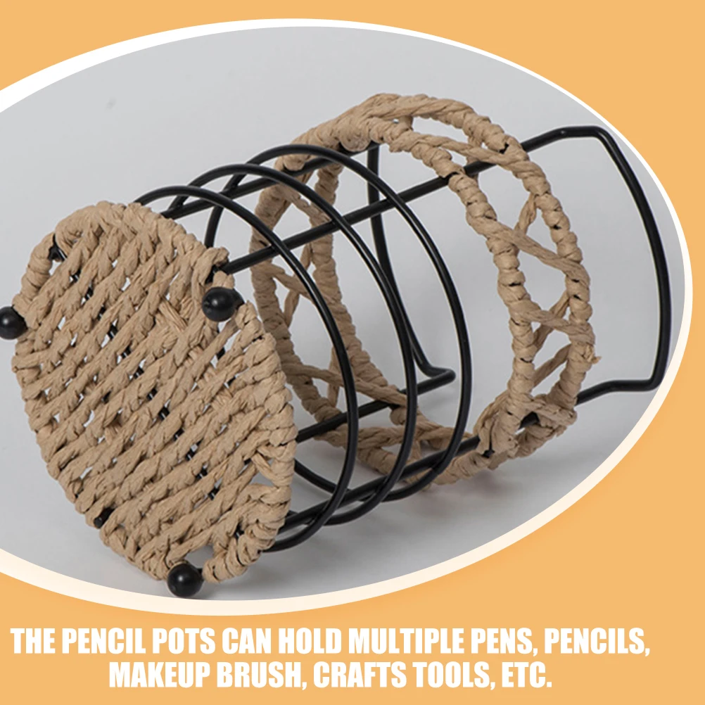 

Desktop Storage Pen Holder Woven Office Organizer Large Capacity Nut Storage Bin Stationery Holder Pastoral Style
