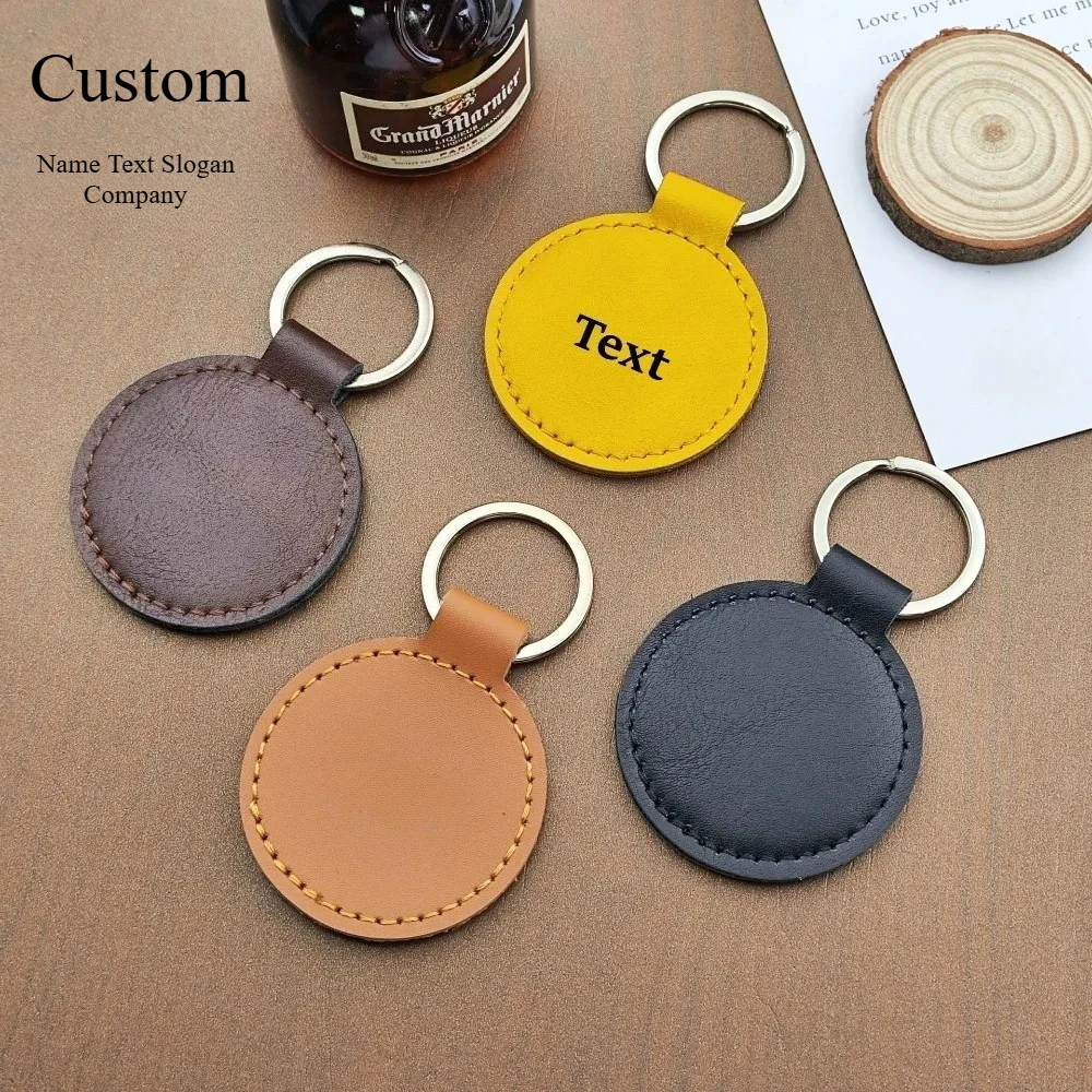 Customized Round Leather Pendant with Bag Keychain PU Leather Car Keyring Hangingportable and Fashionable Minimalist Gift