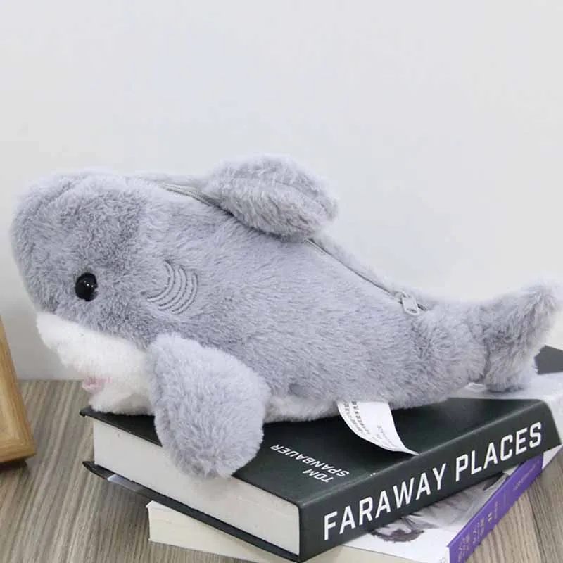 Porte-monnaie en peluche requin de dessin animé créatif, sac à crayons requin mignon, grande capacité, cadeaux pour enfants, écoliers du primaire