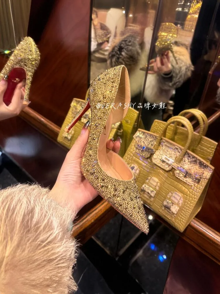 Golden Age 2025 Summer New Style Side Air Gold Style Fine Heels Pointed Red Bottom High Heels Water Diamond Single Shoes