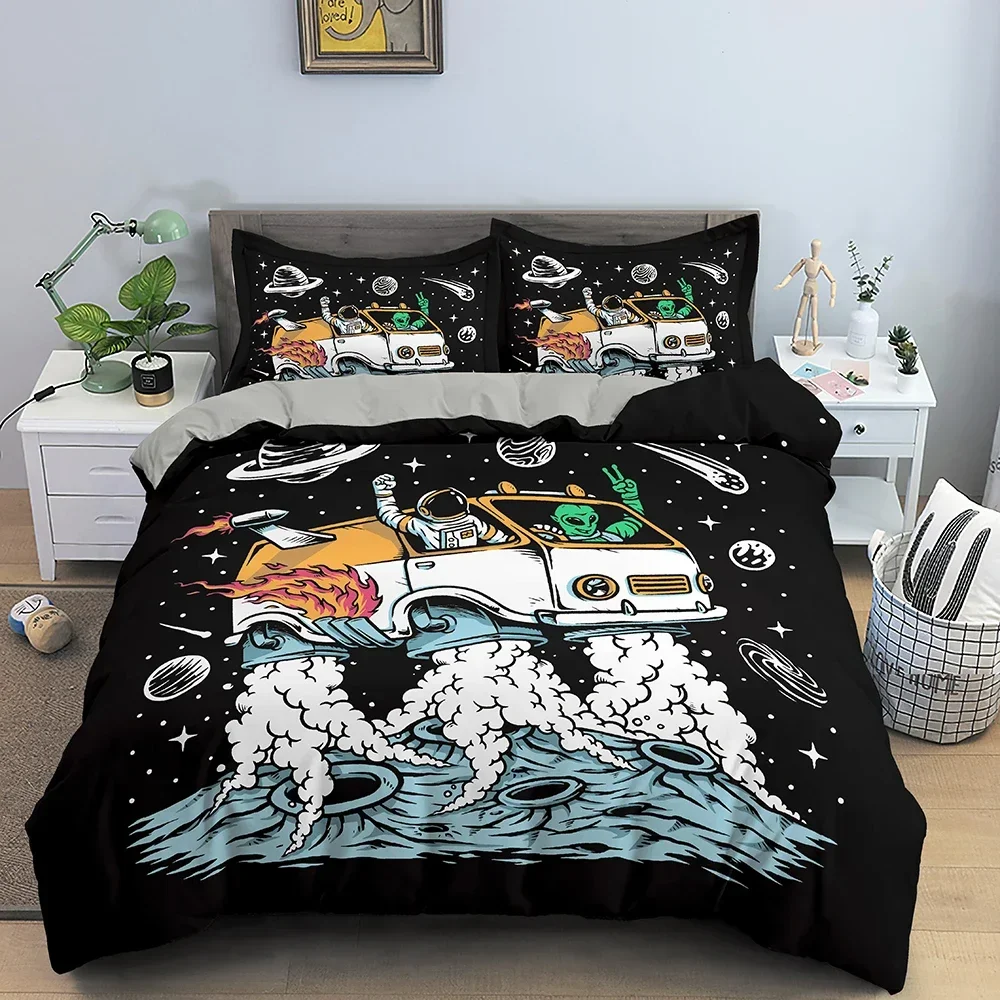 

2/3Pcs Mysterious UFO Alien Bedding Set Luxury Bedclothes Cartoon Print Polyester Duvet Cover With Pillowcase For Bedroom Decor
