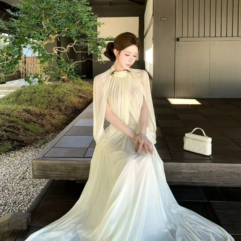 

French Niche Design Sense Stand Up Collar Bag Shoulder Pleated Dress 2026 Summer Fashionable Sexy Slim Fit Long Dress for Women