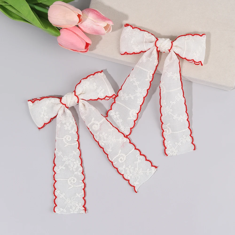 2Pcs Cotton-linen Bow Hair Clips Handmade Floral Embroidery Red-edged Long Tail Barrette For Women Girls Party Daily Headwear