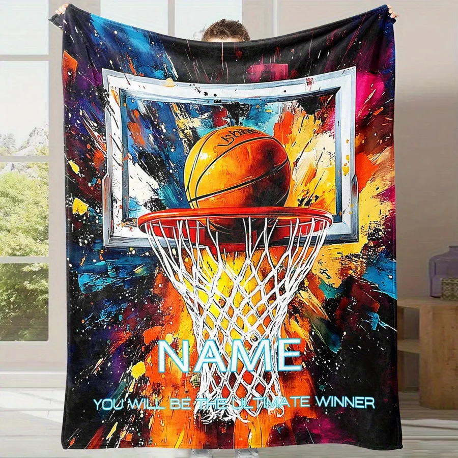 Personalisierte Flanelldecke mit Basketball-Thema _ Benutzerdefinierte Namensoptionen _ Mehrfarbige Polyester-Parabolen für die ganze Saison