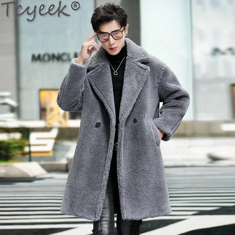 

Tcyeek 2023 Men's Sheep Shearing Coat Mid-length Wool Jacket Men Clothing Fashion Winter Fur Coat Loose Chaquetas Hombre Tide