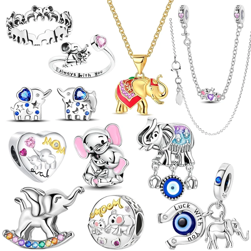 

925 Sterling Silver Simple Cute Gold Color Elephant Necklace Pendant Ring Fashion Women's Jewelry Send Mother Sisters Gifts