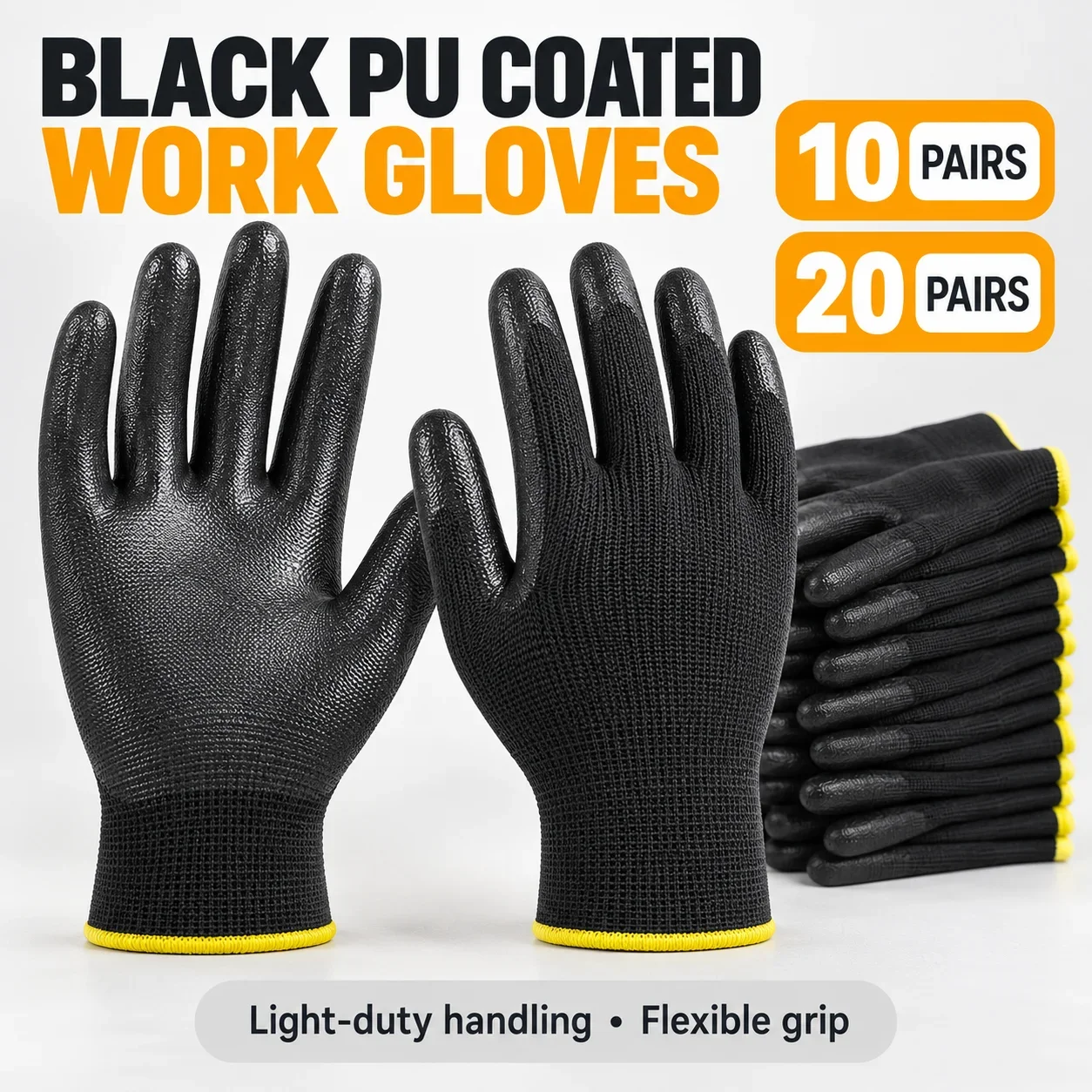 Black PU Coated Work Gloves 10/20 Pairs, Breathable Knit Safety Gloves for Assembly, Gardening and Light-Duty Handling