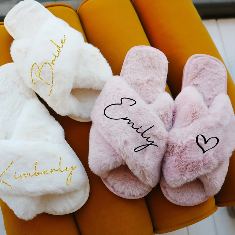 Custom Fluffy Bridal Slippers Wedding Gift, Personalized Bridesmaid Gifts, Bridal Shower Favors, Birthday and Christmas Gifts