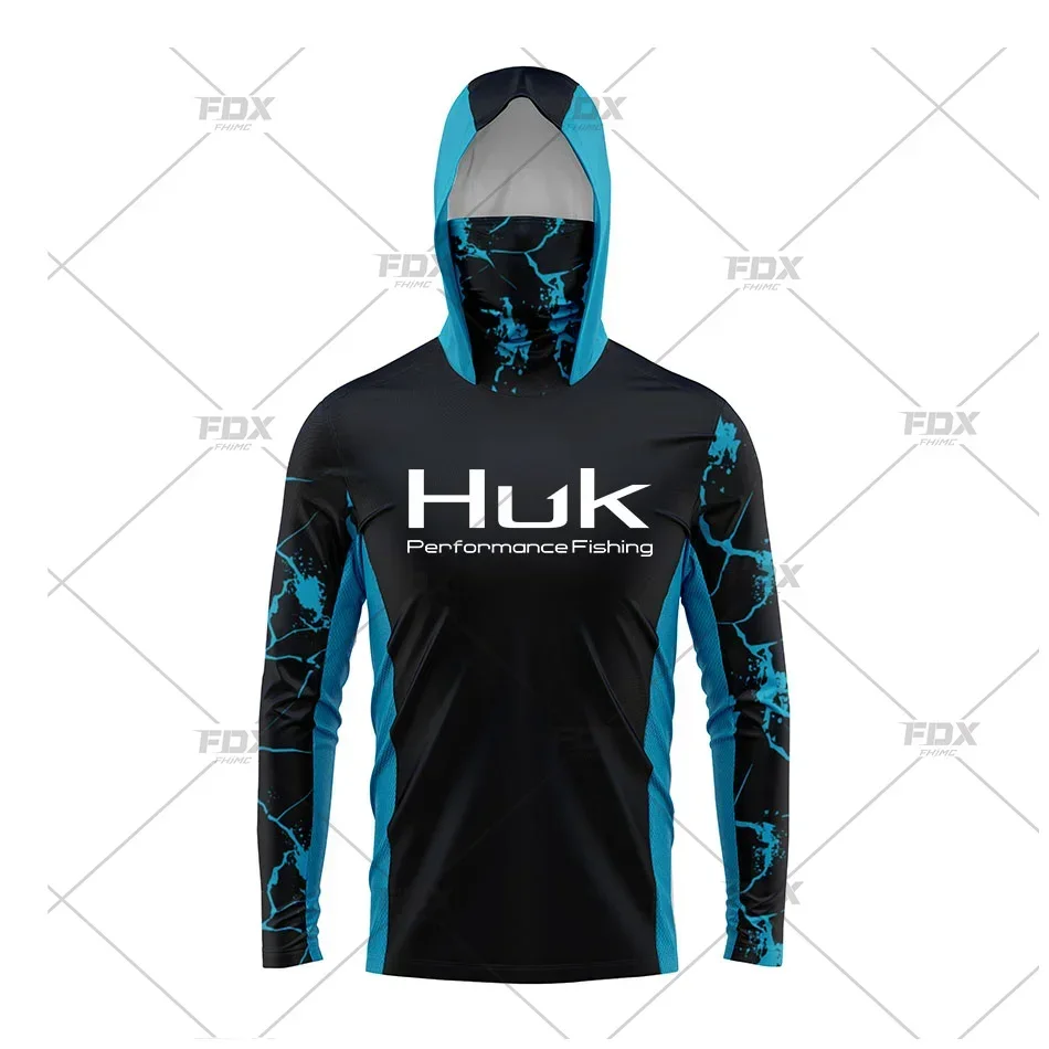 HUK Men Fishing Hoodie Cartoon Shirts Neck Mask Long Sleeve Quick Dry Fishing Apparel Cap Breathable UV Protection Angling Tops