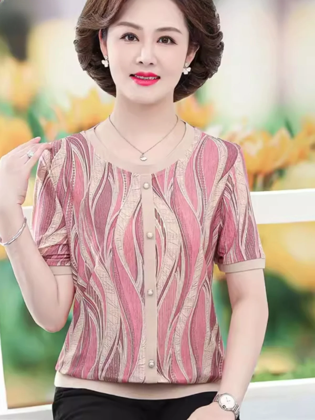 Fashionable Ice Silk Short Sleeve Women's T-Shirt Set for Middle-Aged Mothers Summer Clothing Comfortable Loose Fit round Neck