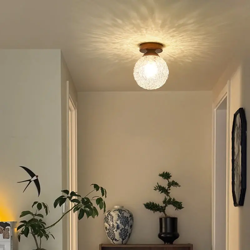 

American Wood Grain Iron Base Ceiling Lights Spherical Transparent Glass Lampshade Living Room Bedroom Restaurant Hanging Lamps