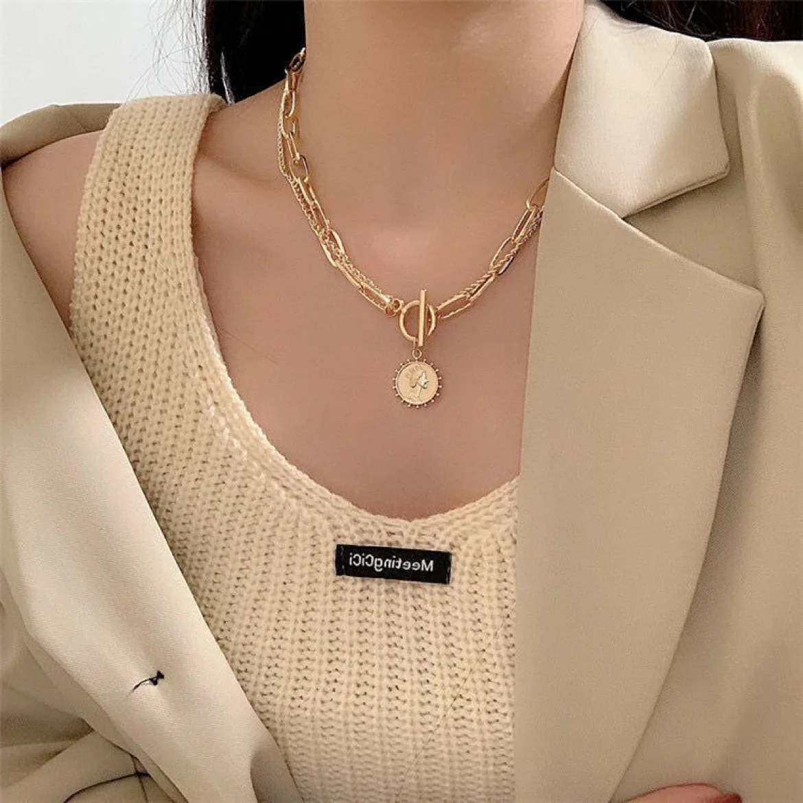 Trendy 2022 New Fashion Kpop Beauty Head Coin Choker Necklace Double Layer Chain Pendant For Women Jewelry Girl Gift