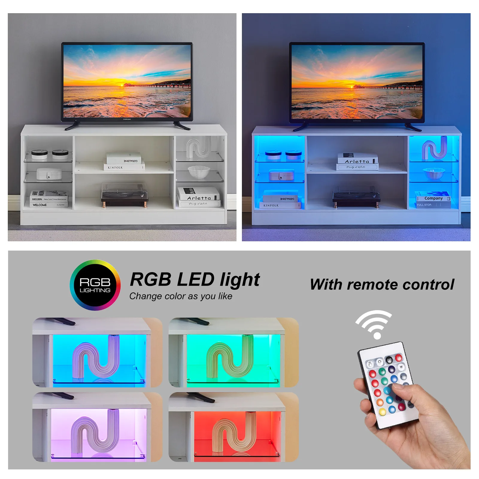 Mueble para TV con iluminación LED, 8 compartimentos de almacenamiento, hasta 55 pulgadas