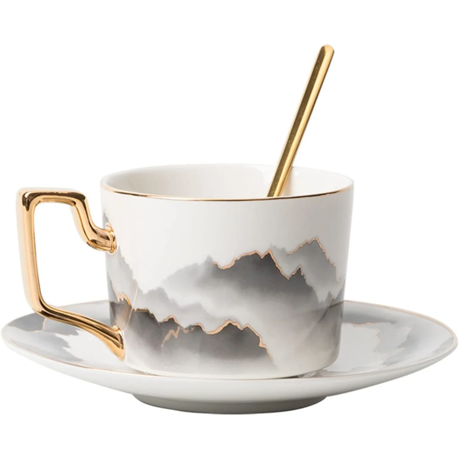 Chinese Landscape Painting Pattern Coffee Cup and Saucer Set with Gold Spoon, 8oz - Porcelain Mug for Perfect Morning Coffee rit