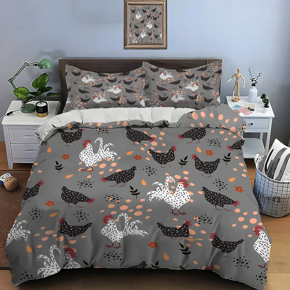 French Chicken gray background Print Bedding Set 1 Duvet Cover 2 Pillowcases for Adult and Children Luxury Gift Full Size