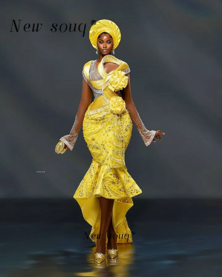 2025 African Fashion Golden Yellow High Low Mermaid Evening Dresses Customized Crystals Beaded Prom Party Gowns for Black Girls