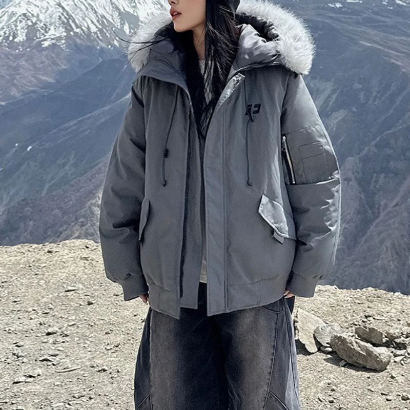 

Winter Outdoor Padded Cotton-padded Clothes Female American Retro Big Fur Collar Down Cotton-padded Jacket