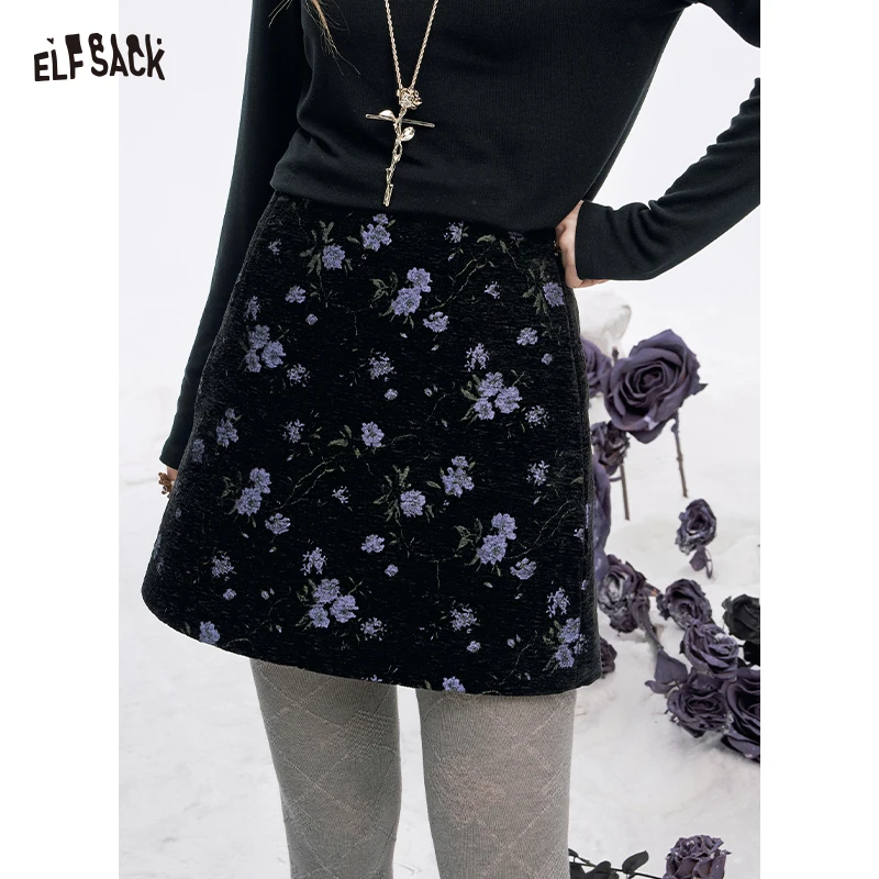 ELFSACK Y2K High Waist Gothic Floral A-Line Skirt Women, Black Skirt with Purple Print, Romantic Shoujo Cute Short Skirt