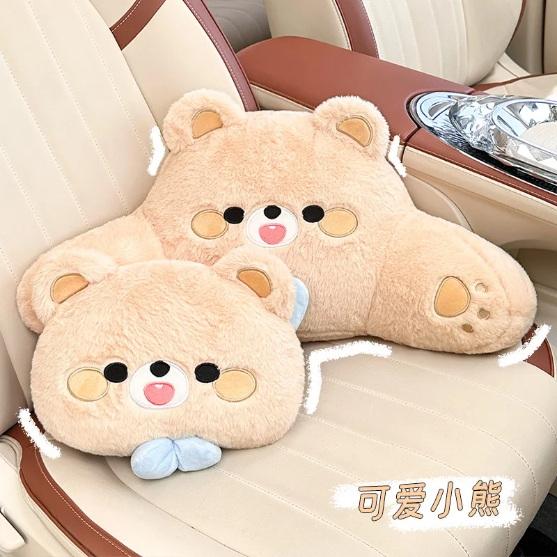Cute Plush Bear Car Headrest Pillow Waist Support Cushion Soft Fluffy Auto Neck Rest Back Lumbar Pillow Vehicle Interior Decor - view 3