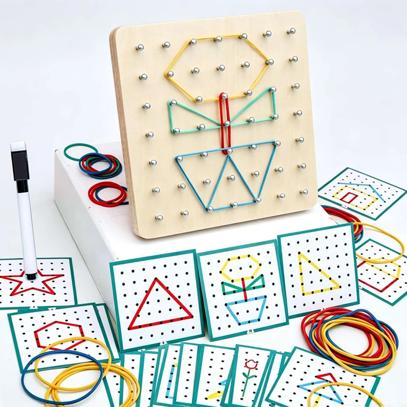Wooden Geoboard With Rubber Bands Graphical Math Manipulatives Pattern Cards Shape Puzzle Educational Toys For Kids Best Gifts