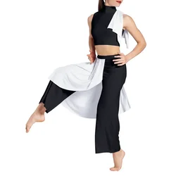 Black White Contrasting Colors Modren Dance Wear for Girls Women 2 Piece Set Crop Top Wide Leg Pants Performance Show Costume