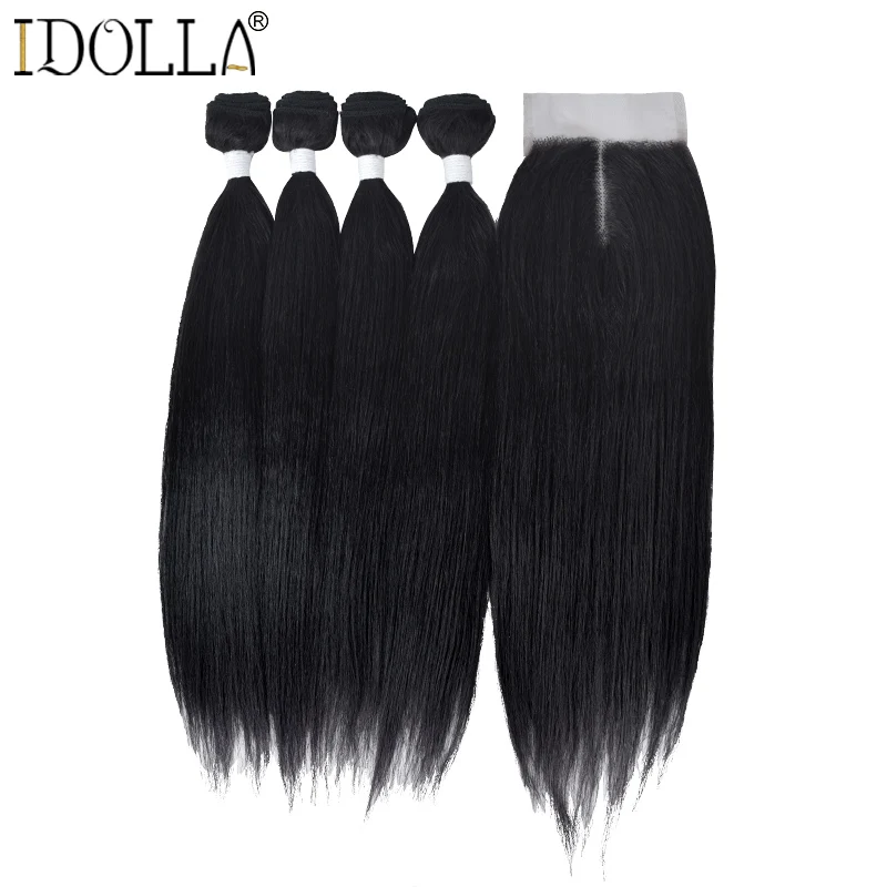 

Synthetic Weaving Bundles Hair Nature Straight Hair Extensions With Closure 5 Bundles Black Color Synthetic Hair Weave