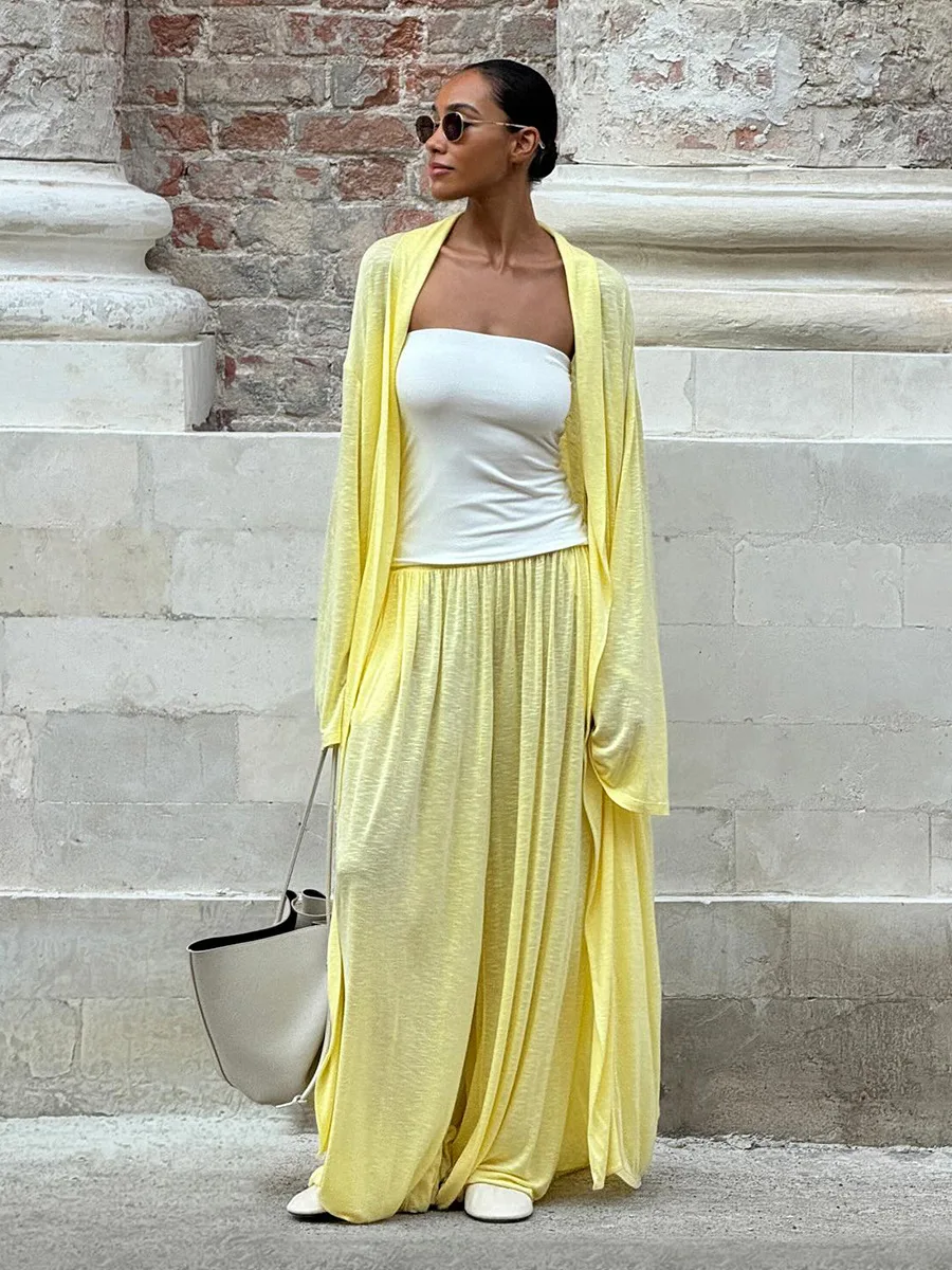 

Long cardigan wide-leg trousers 2 piece set 2025 autumn beach style shawl cardigan bloomers suit club clothing Vestidos