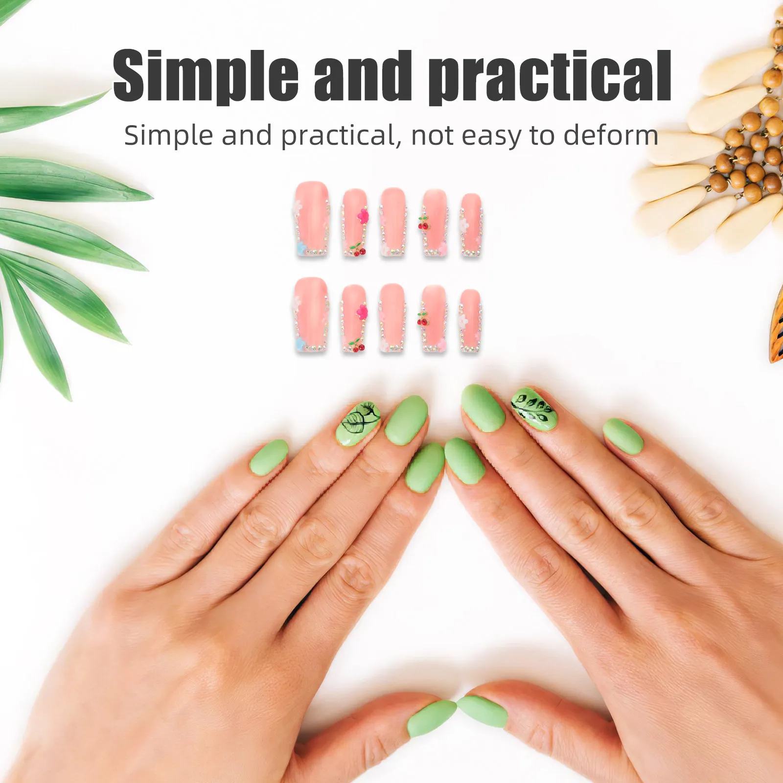 

10 шт. накладных ногтей с цветами из страз, полное покрытие, вишневые, на клеевой основе, в форме катафалка, для весенней вечеринки, для самостоятельного маникюра