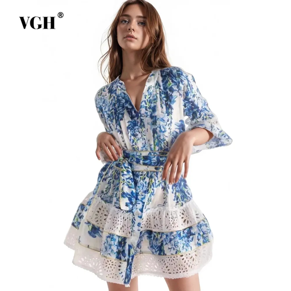 

VGH Floral Printing Patchwork Lace Up Dresses For Women Lapel Flare Sleeve High Waist Spliced Single Breasted Dress Female New