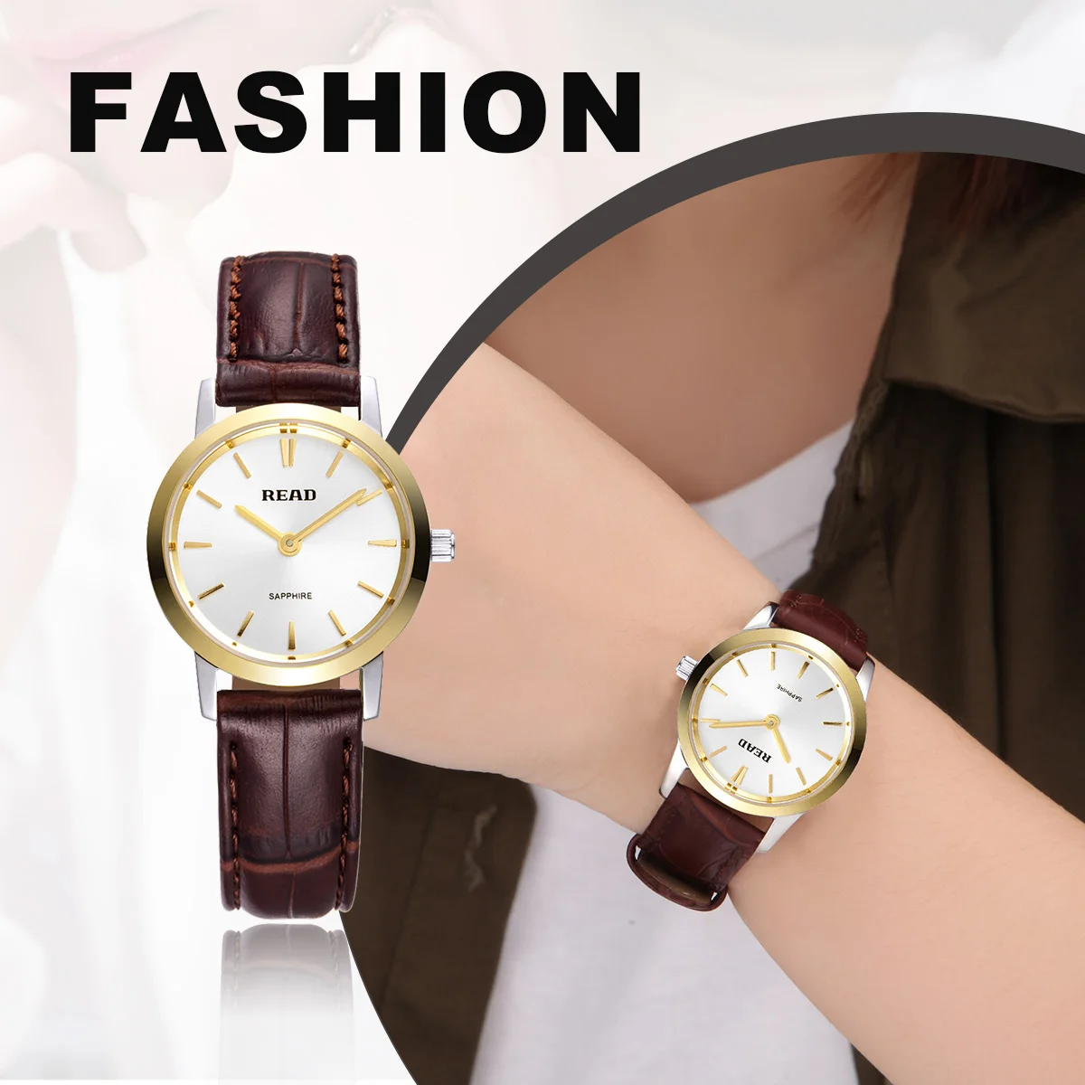 READ Ladies Analog Watch | Slim Two‑Tone Case | Brown Leather Band | 30M Water Resistant Minimal Daily Dress Women Watch