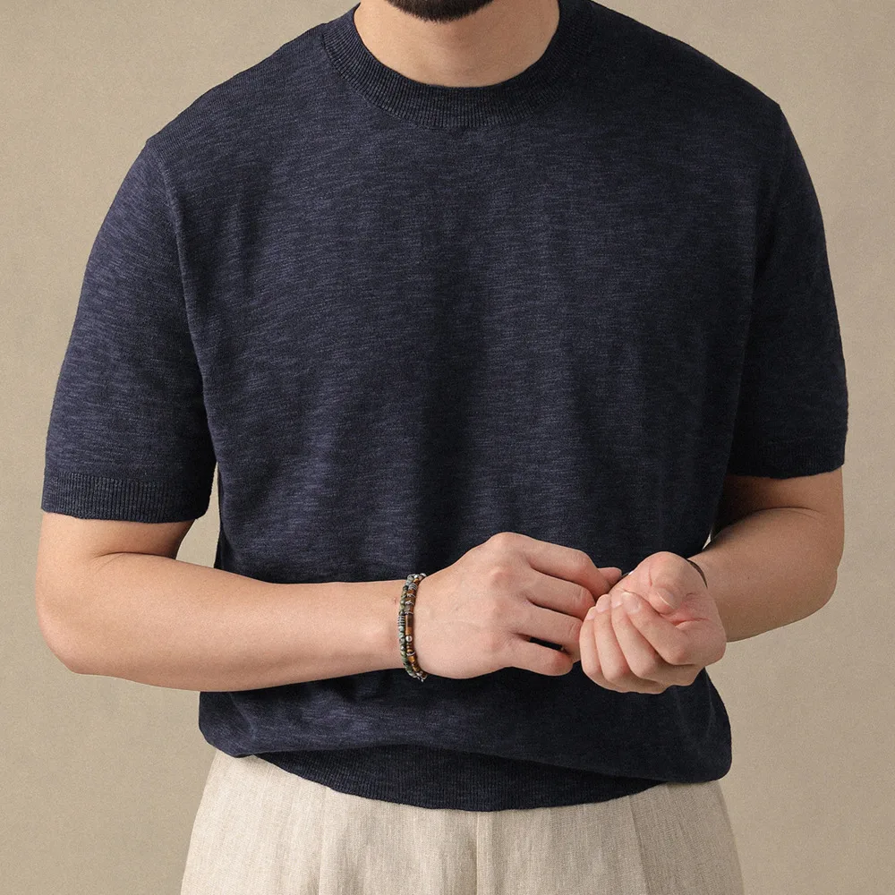 Cotton Blend O-neck Short-sleeve Men Tshirt Social Club Outfits Italian Basic Knit Shirt Casual Versatile Solid Tee Shirt Homme