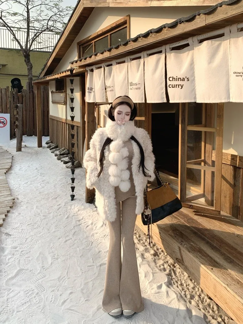 

Elegant Long Sleeve Fur Coat Casual Cardigan Outerwear Women's Winter Fashion Set with Micro Flared Pants Three Piece Suit