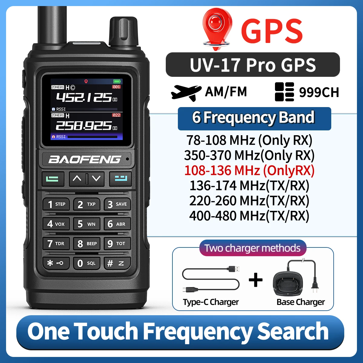 Baofeng UV-17 프로 GPS 워키토키 에어 밴드 무선 복사 주파수 999CH 장거리 고출력 햄 캠핑용 양방향 라디오 