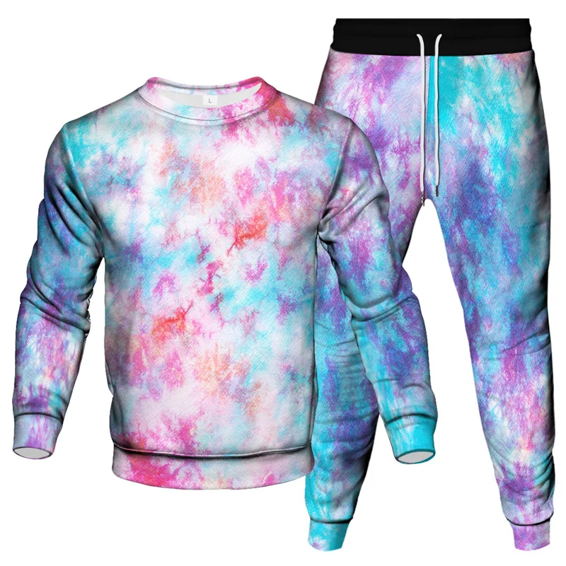 New Spring Autumn Men Colorful Vortex Tie Dye Clothes Suit Jogging Pant Sweatshirt 2Pcs Set Outdoor Fashion Casual Tracksuit