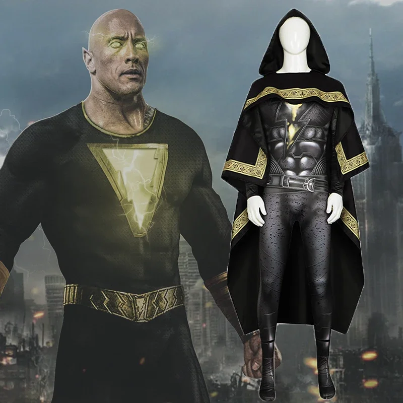 2023 New DC Superhero Movie Black Adam Cosplay Costume Teth-Adam Jumpsuit Black Bodysuit with Cloak Halloween Stage Clothes Mens